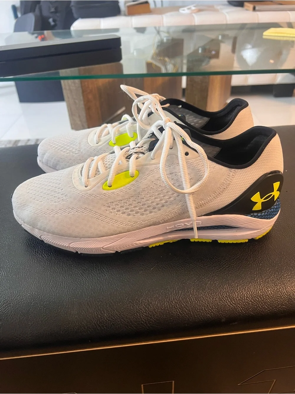Under Armour Men's White Sneakers with Neon Yellow Accents size 10.5